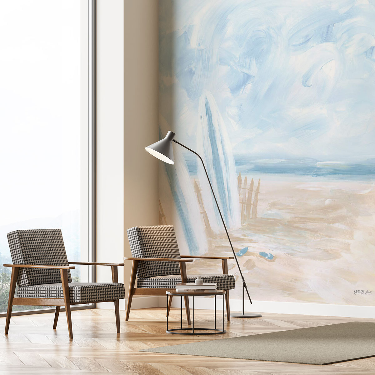 Papier peint plage aquarelle ciel bleu doux ambiance bord de mer Intissé