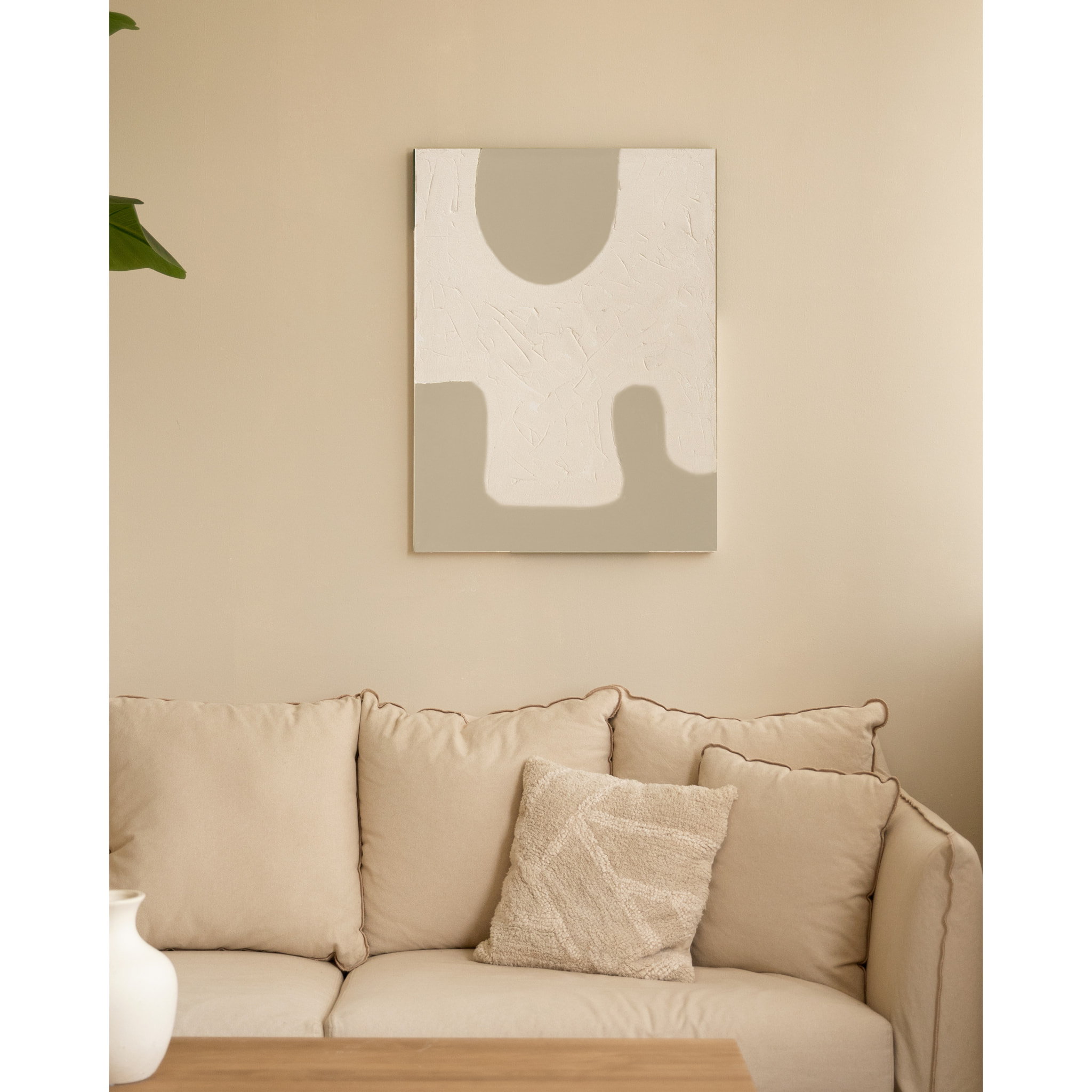 Tableau blanc e beige décoratif sur coton avec cadre en bois peint à la main à la peinture à l'huile en différentes tailles