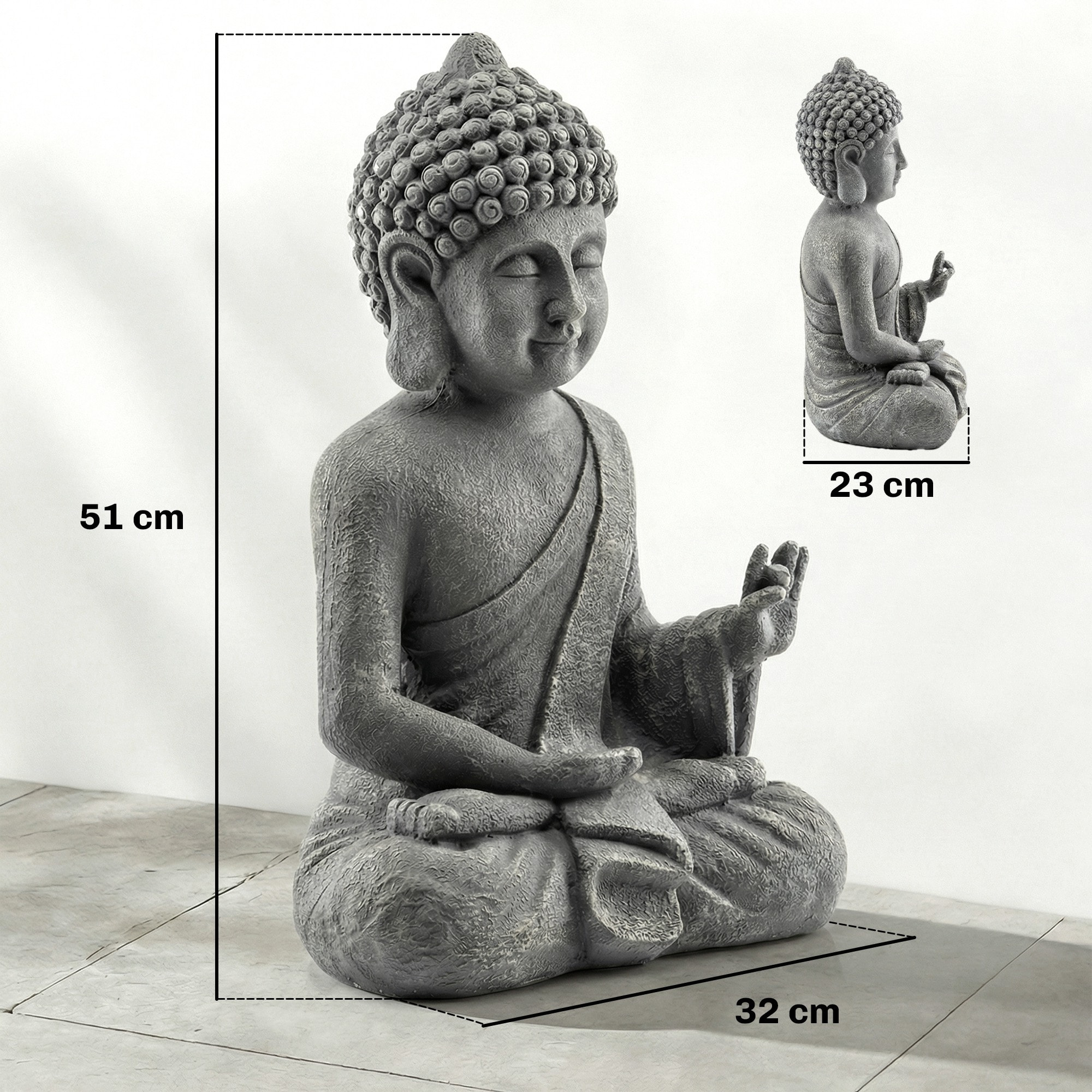Statue de jardin bouddha assis effet pierre gris