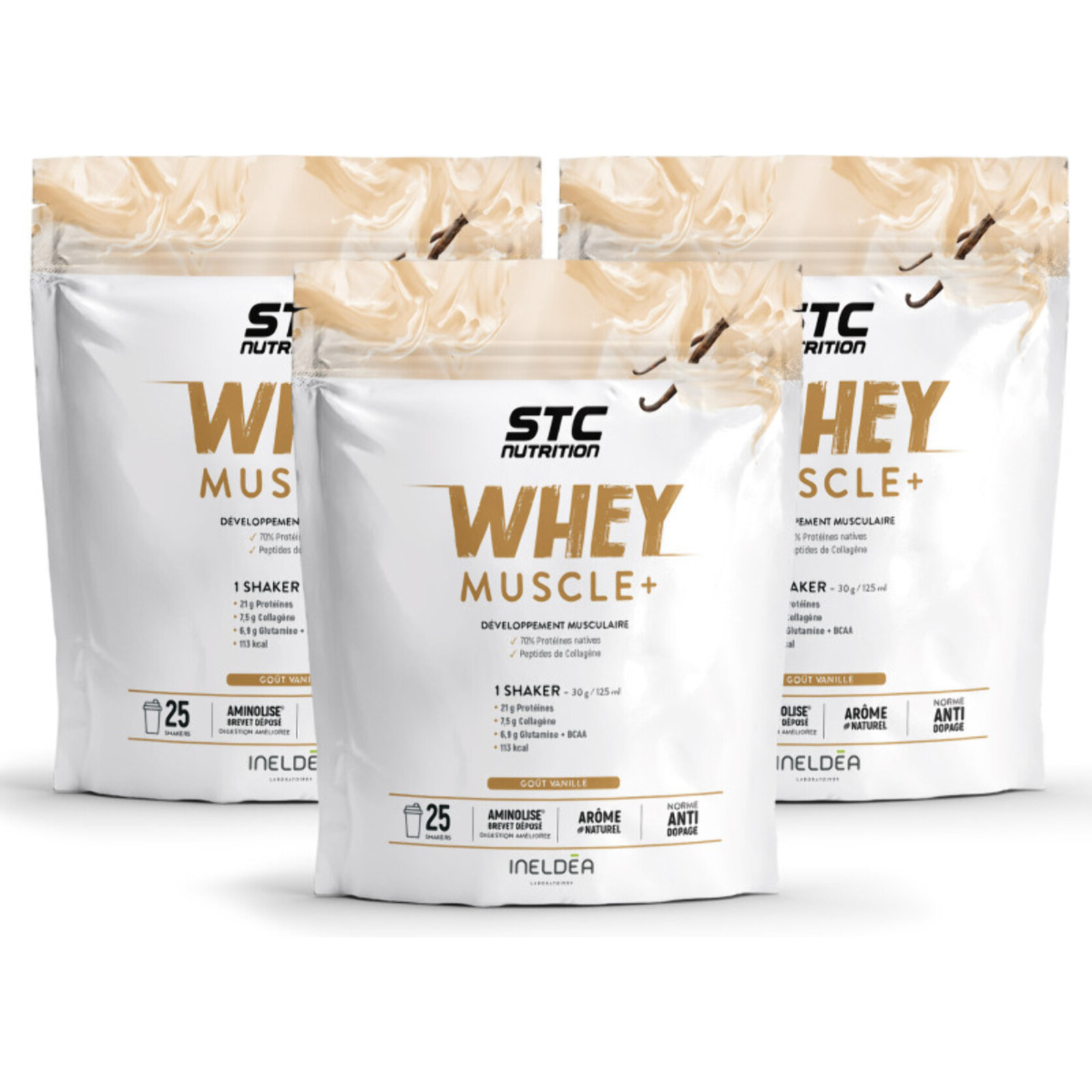 STC NUTRITION - Whey Muscle+ - Protéines Natives - Développement Muscle Sec - Innovation Brevetée Aminolise 100% Digeste - Sans Colorants, Sans Gluten - Vanille -  Lot de 3 Doypack 750g
