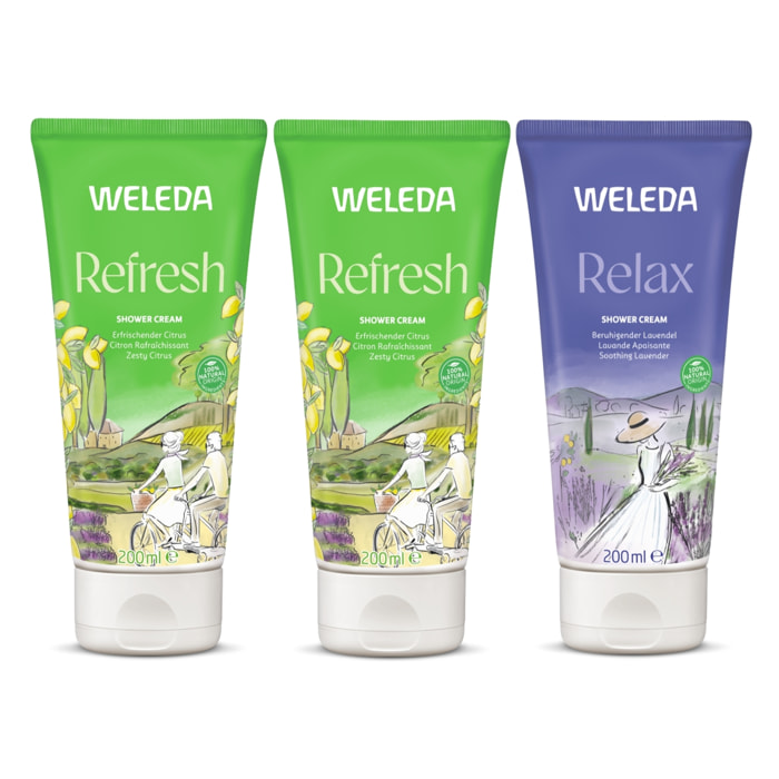 WELEDA - Trio Crème de douche - Refresh Citron rafraîchissant X2 + Relax Lavande apaisante X1 - Vegan* - Certifié Natrue** - Tube 3*200ml