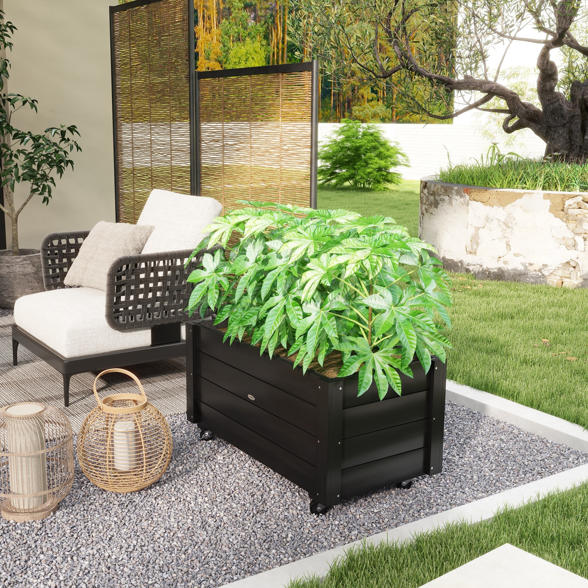 Jardinera de Madera con Ruedas, Huerto Urbano para Cultivar Plantas, Macetero Exterior con Orificios de Drenaje y Tela no Tejida, para Jardin, Terraza, Balcón y Patio, 89x48x47 cm, Negro