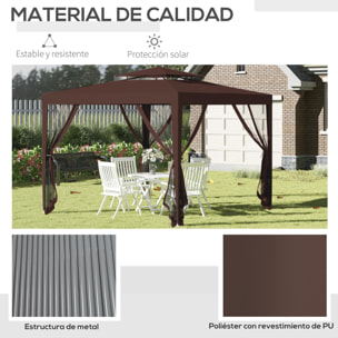 Carpa de Jardín 3x3 m Cenador Desmontable de Exterior Gazebo con 4 Mosquiteras Laterales Techo Doble y Marco Metálico Anti-UV Impermeable Pabellón para Terraza Patio Marrón