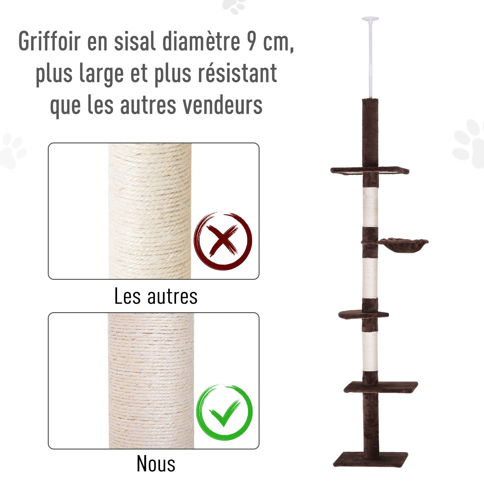 Arbre à chat poteau à griffer L40 x l 34 x H 230-260 cm 5 niveaux d'activités marron