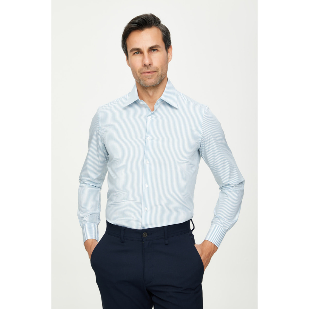 Camicia Uomo 1 Bottone Italiano Slim Cotone Riga Stretta Verde Medio/Bianco