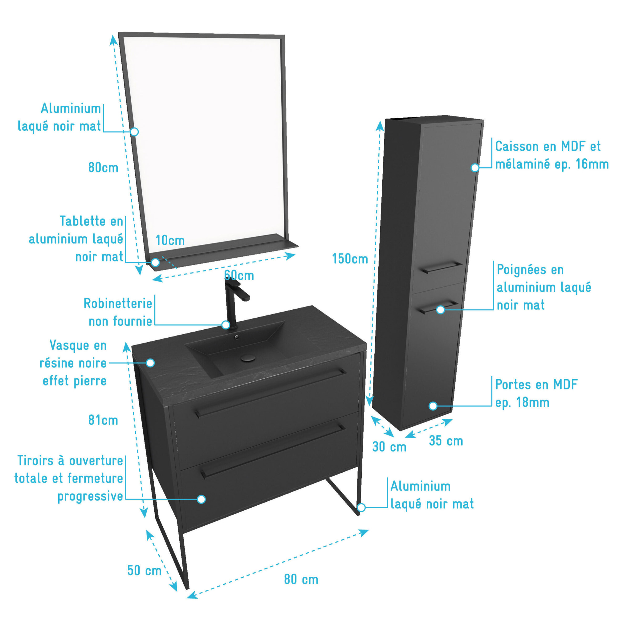 Pack meuble de salle de bain 80x50 cm Noir - 2 tiroirs - vasque noire - miroir - colonne suspendu