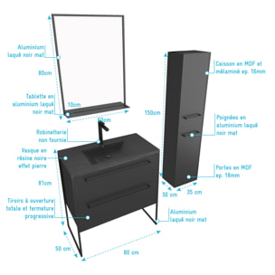Pack meuble de salle de bain 80x50 cm Noir - 2 tiroirs - vasque noire - miroir - colonne suspendu