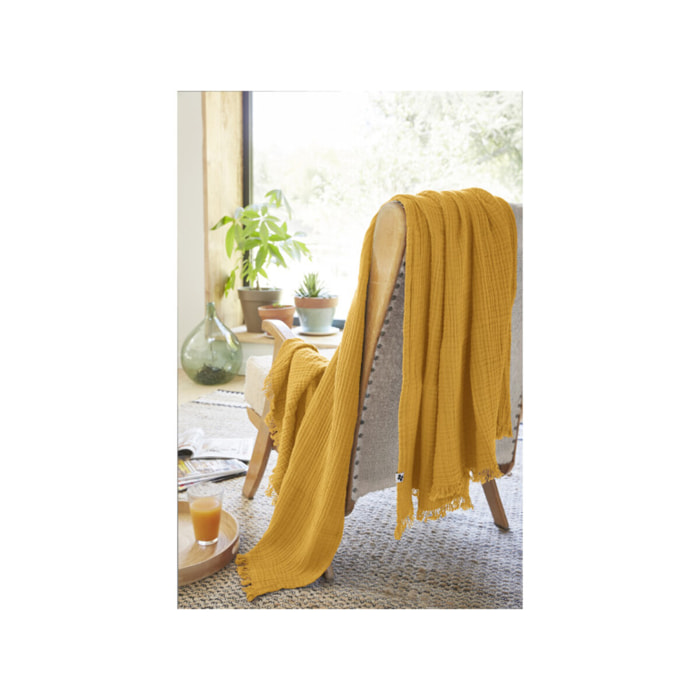 Plaid 180x220 cm en gaze de coton avec franges - 10 coloris - GAIA