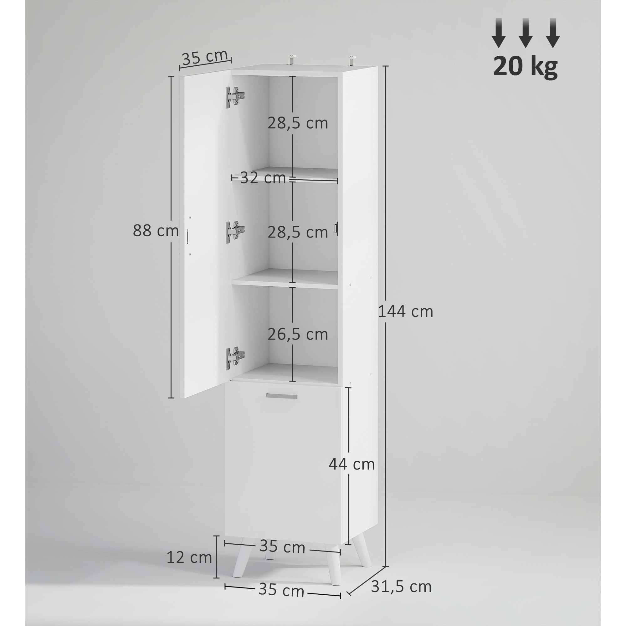 Colonne salle de bain - porte, 2 étagères, panier à linge - dim. 35 x 31,5 x 144 cm - blanc