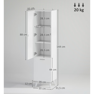 Colonne salle de bain - porte, 2 étagères, panier à linge - dim. 35 x 31,5 x 144 cm - blanc