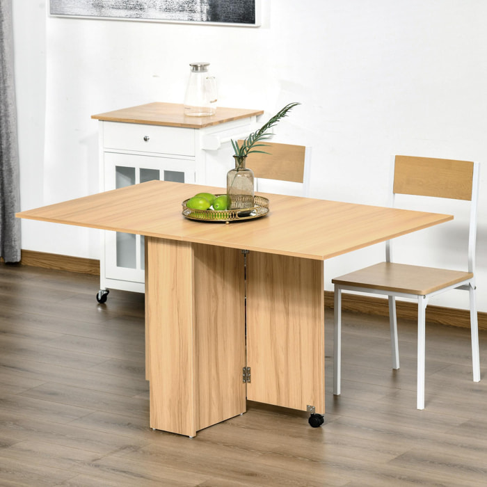 Table de cuisine salon pliable mobile sur roulettes 140L x 80l x 74H cm 2 étagères intégrées coloris chêne