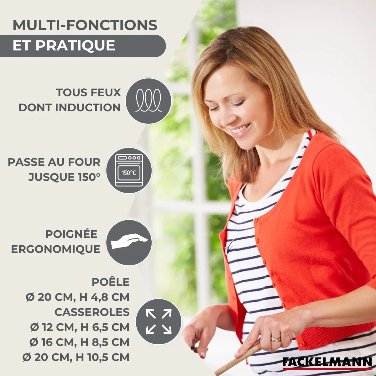 Lot Poêle et 3 Casseroles 12/16/20 cm Fackelmann Geneva avec 5 ustensiles Vario