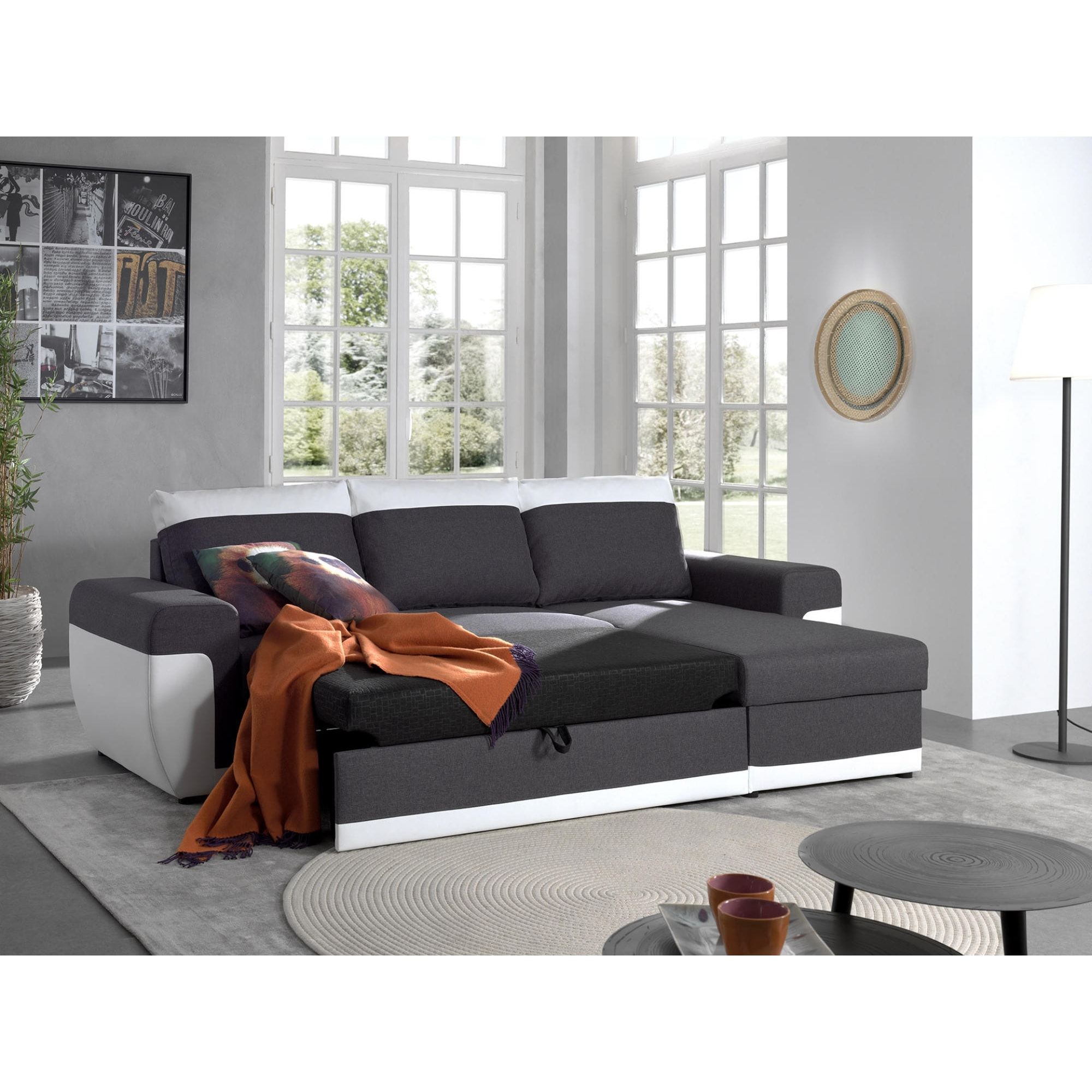 Milan - Canapé d'angle réversible - 4 places - Convertible avec coffre - En simili et tissu - Blanc / Gris