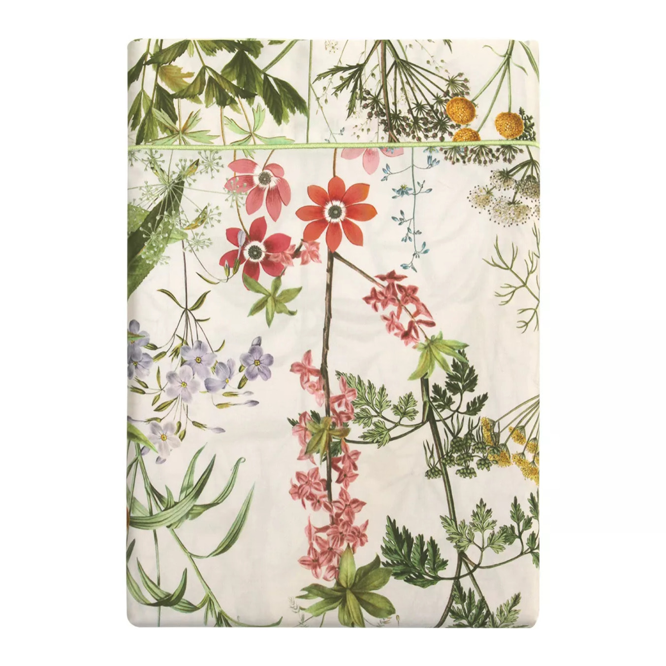 Drap plat satin de coton imprimé beige vert rose Prairie legere beige