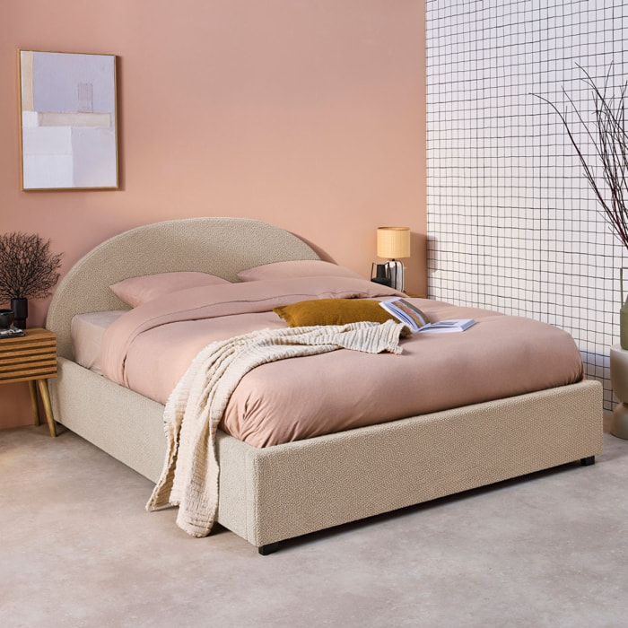 Lit coffre avec sommier à lattes et tête de lit. finition bouclette. nude. L216.5 x P174 x H102cm