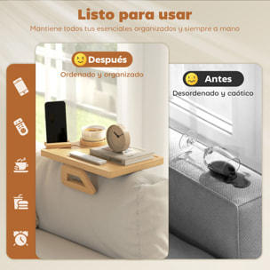 Bandeja para Reposabrazos para Sofá Flexible de Bambú, Bandeja de Brazo para Sofá con Portavasos Extraíble, Mesa Lateral con Bisagras y Soporte Giratorio 360° para Teléfono, Aperitivos, Bebidas