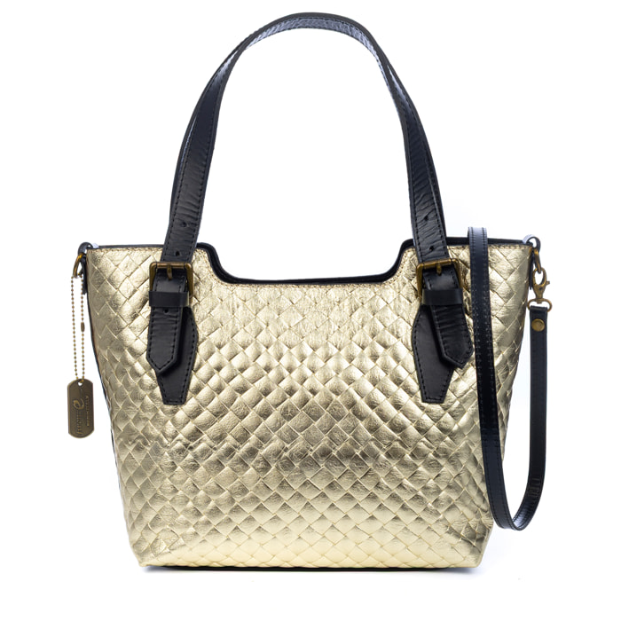 Arezzo borsa tote donna. Vera pelle camoscio con stampa intrecciata e lacca lucida.