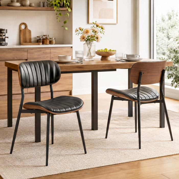 Pack de 2 Sillas de Comedor, Sillas de Cocina Modernas, Tapizadas de Cuero Sintético, Respaldo Curvo, Asiento Acolchado, Estructura de Madera Curvada y Patas Metálicas, Negro y Marrón