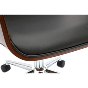 Chaise de bureau à roulettes design noir, bois foncé noyer et acier chromé RUFIN