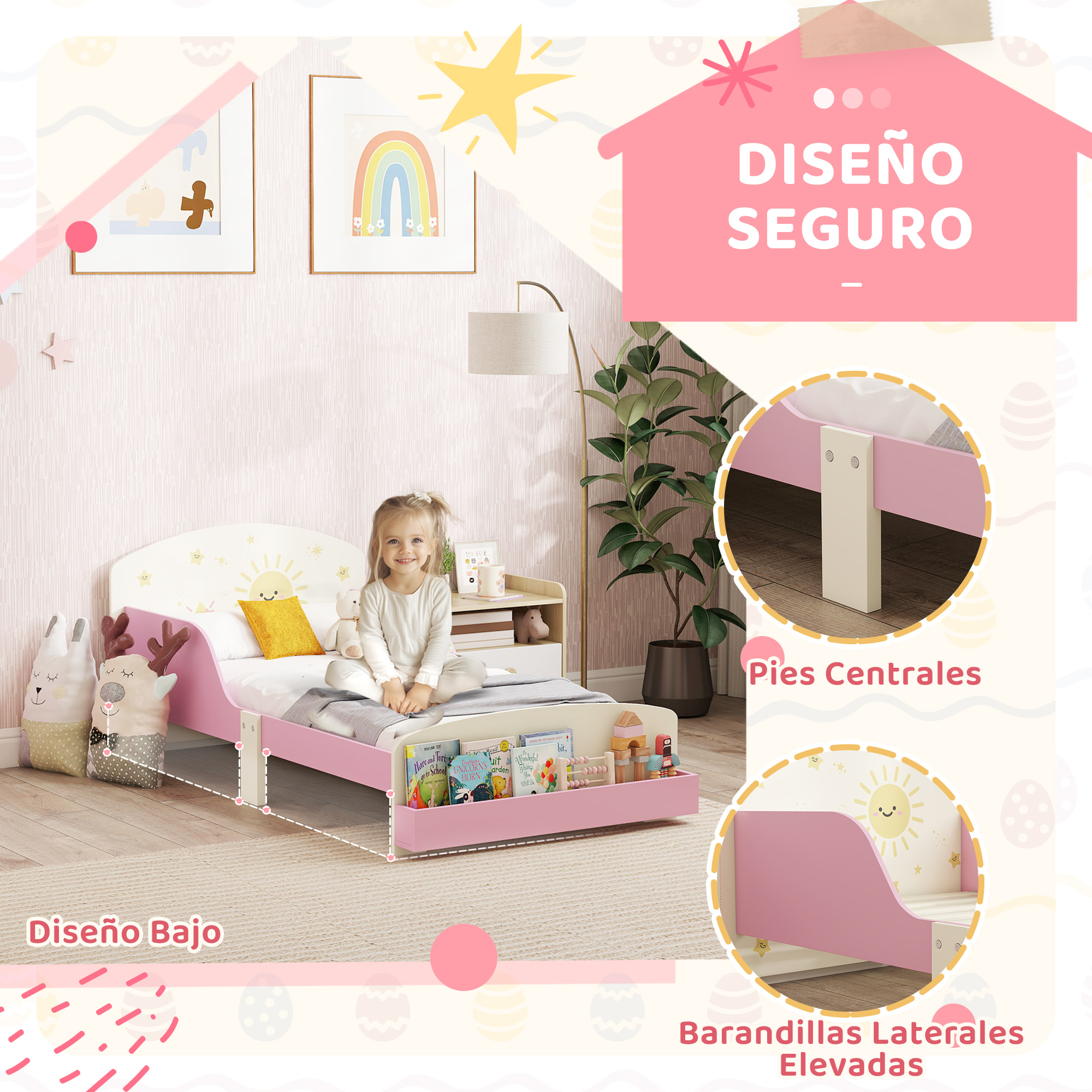 Cama infantil 70x140 cm de Madera con Almacenaje Cama para Niños de +3 Años con Protección Anticaída Cabecero en Dibujos de Estrellas Carga 40 kg para Dormitorio Rosa
