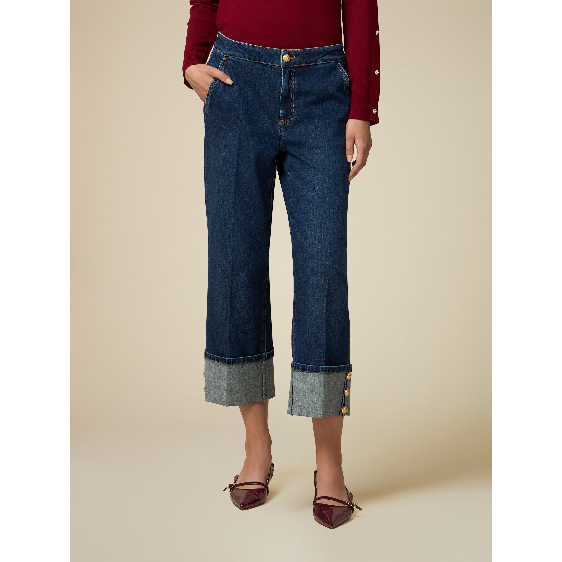 Oltre - Jeans cropped con risvolto - Blu