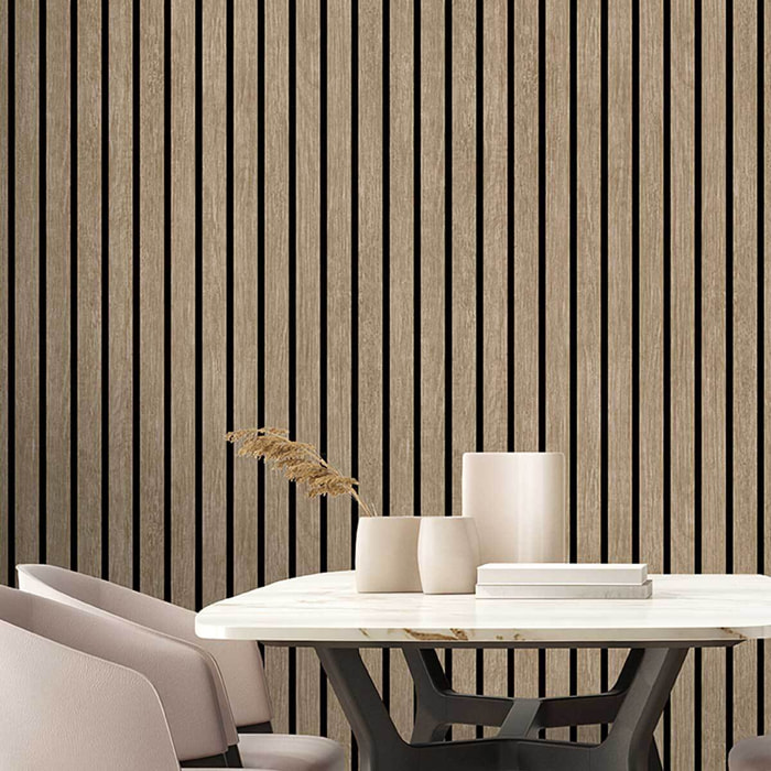 Papier peint bois et rayures noires verticales