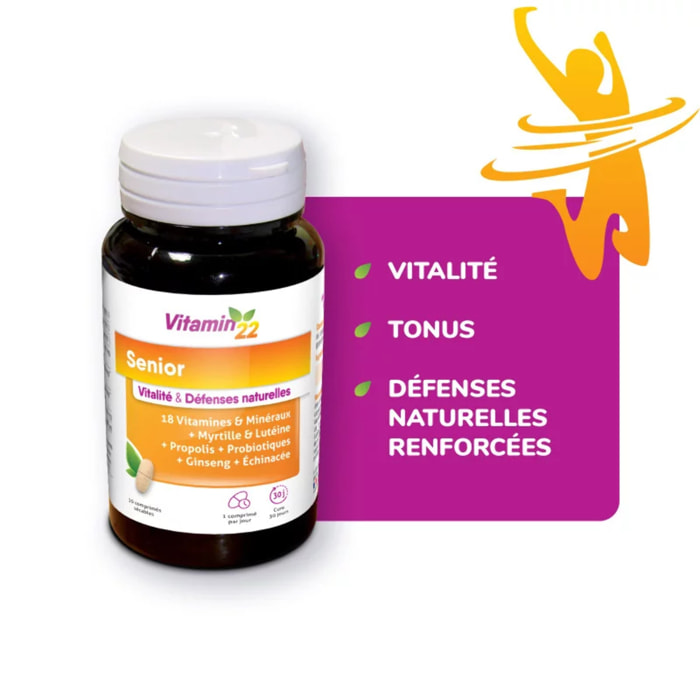 VITAMN' 22 - Senior - Soutient le capital osseux & le Confort Visuel - Vitalité, Tonus & Défenses Naturelles - Zinc, Fer, Propolis, Magnésium, Vitamines C, B et D3, Probiotiques, Lutéine, Ginseng & Échinacée - Cure 30j