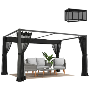 Pérgola de Jardín 3x4 m con Techo Retráctil y 4 Paredes Laterales de Malla, Cenador de Jardín con Estructura de Aluminio, UPF30+, Pabellón para Exterior, Patio, Terraza, Gris Oscuro