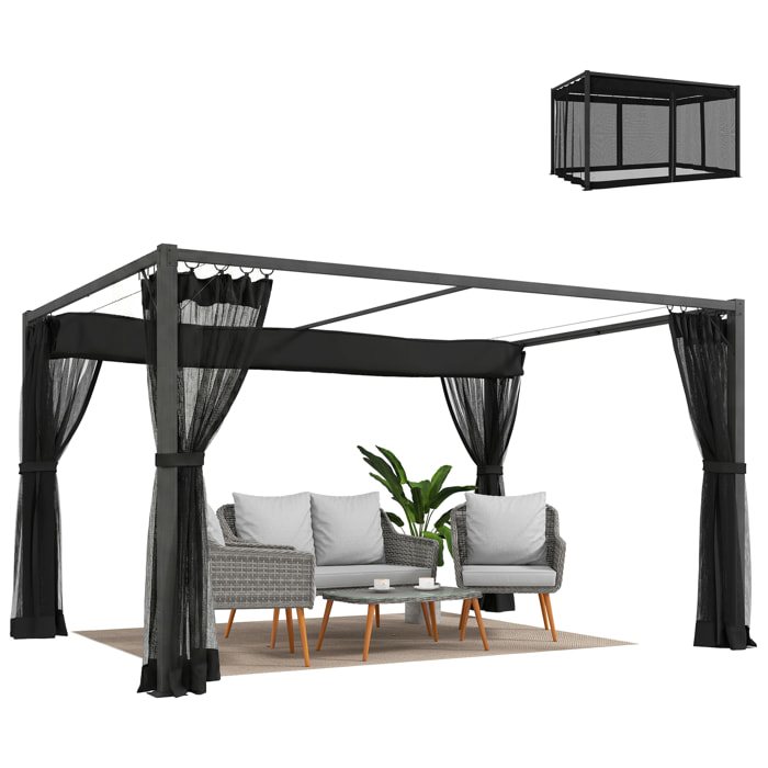 Pérgola de Jardín 3x4 m con Techo Retráctil y 4 Paredes Laterales de Malla, Cenador de Jardín con Estructura de Aluminio, UPF30+, Pabellón para Exterior, Patio, Terraza, Gris Oscuro