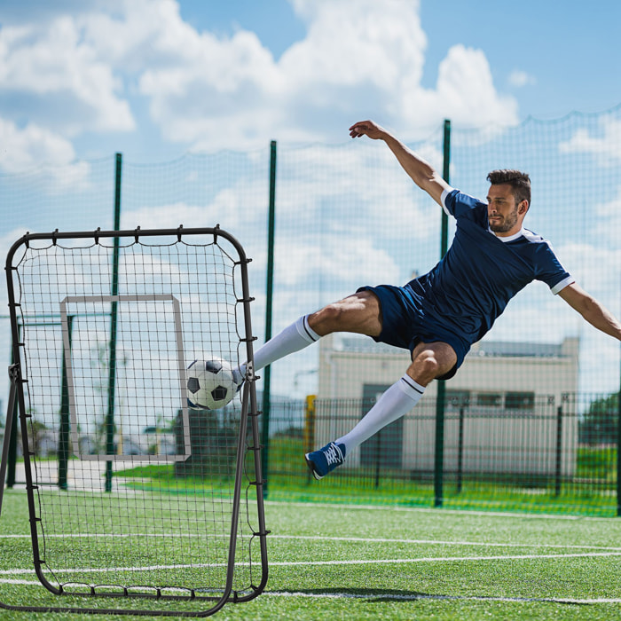 Filet de rebond de football pliable - inclinaison réglable 4 positions hauteur réglable - cible, piquets d'ancrage inclus - filet PE métal époxy noir