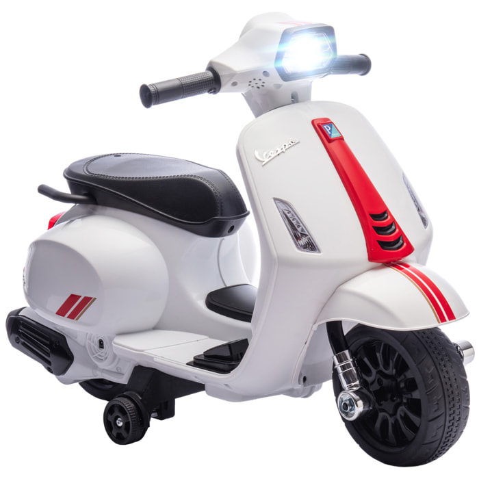 Moto Eléctrica para Niños 6V con Licencia Vespa, Moto Eléctrica Infantil con Ruedas Auxiliares de 6,9'', Velocidad de 2,5km/h, Faro y Bocina, para Niños de 2-6 Años, Blanco