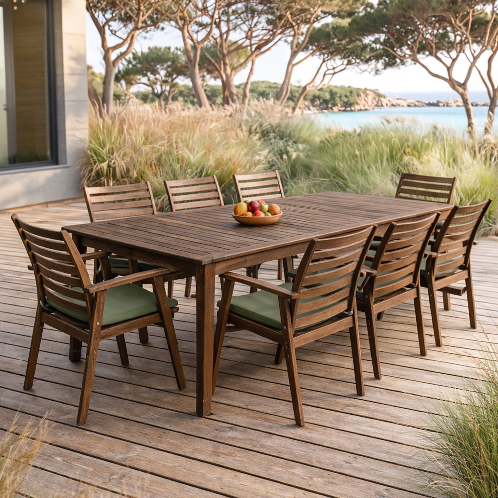 Ensemble table et 8 chaises de jardin en bois d'acacia et coussins verts PALAU