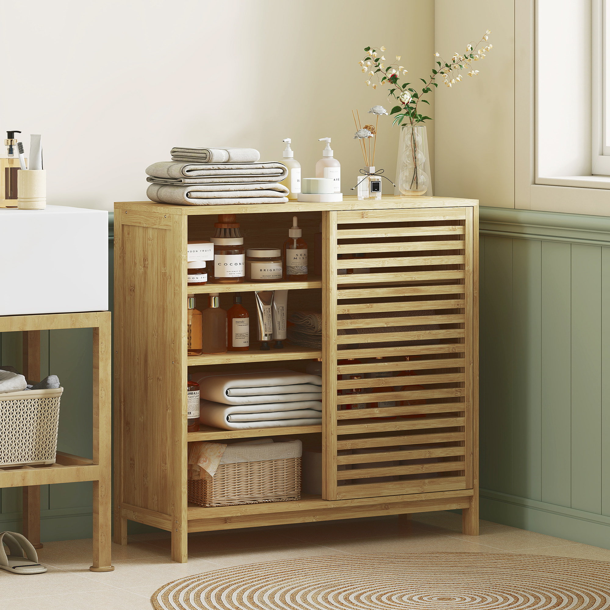 Armario de Baño de Bambú Mueble de Baño con 2 Puertas Correderas Diseño con Lamas 4 Estantes Mueble Auxiliar de Almacenaje para Cocina Salón 80x34x80 cm Natural