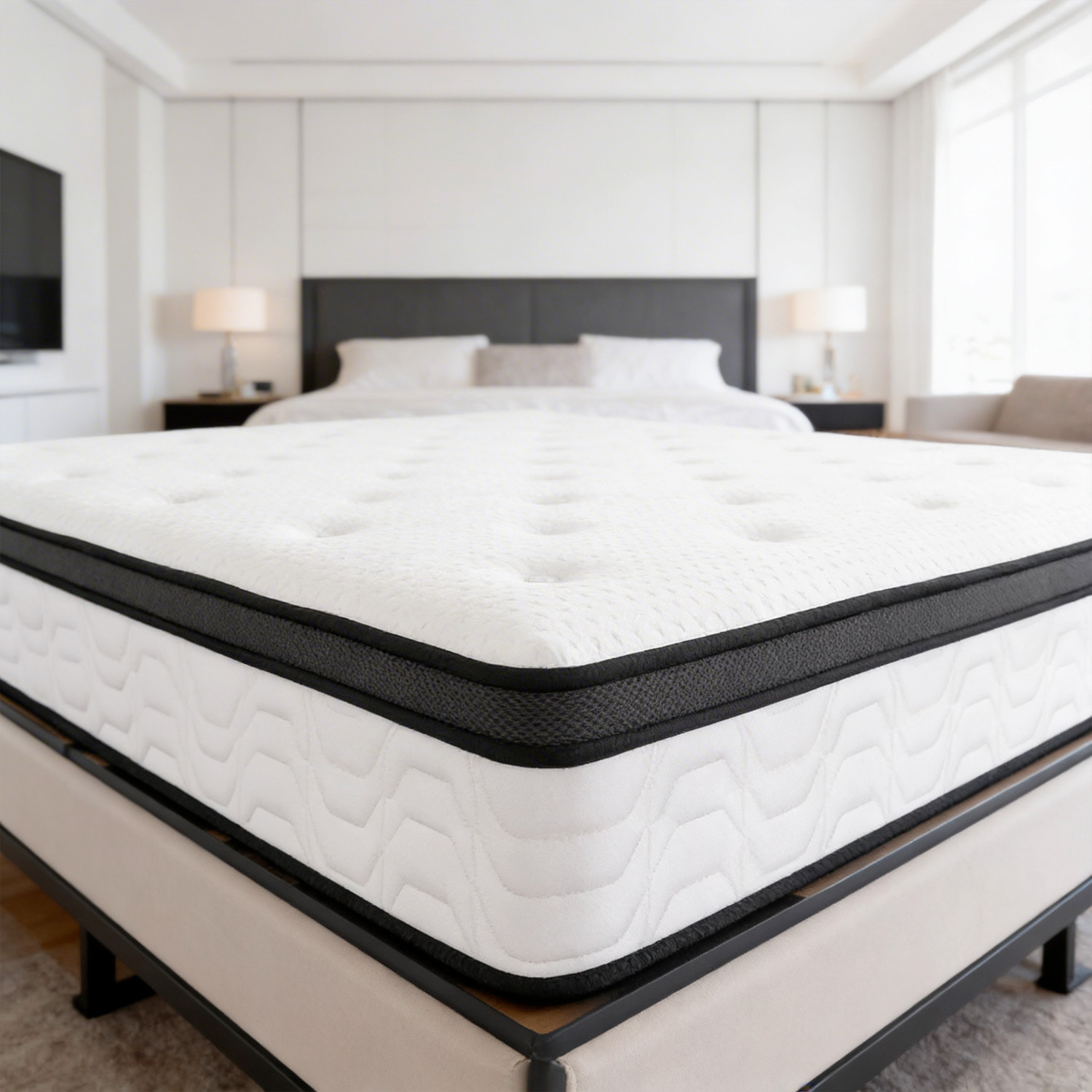 Materasso Matrimoniale Ibrido Con 240 Molle Insacchettate per M² E Memory Foam 5 Zone di Comfort Double Sided Rigidità H3/H4 Medio Rigido