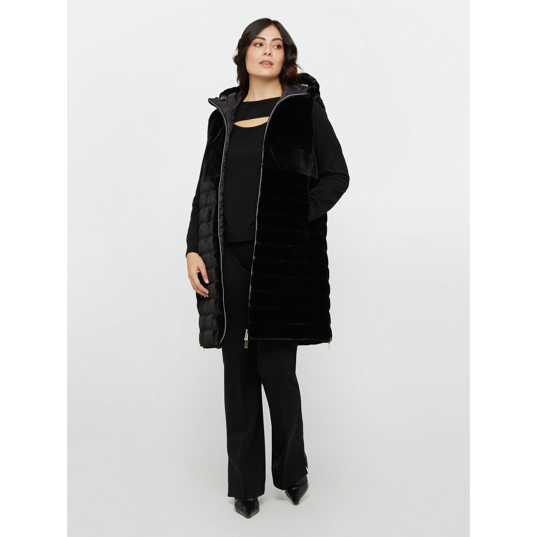 Fiorella Rubino - Gilet lungo reversibile con zip e cappuccio - Nero