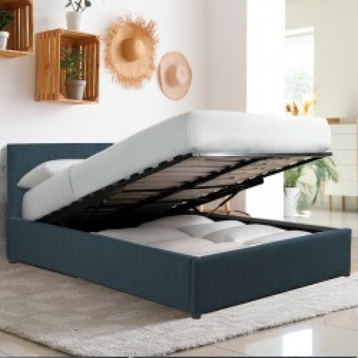 Lit coffre Bouclette| Espace de Stockage jusqu'à 900 L | Grand angle d’ouverture | Tissu | Bleu foncé