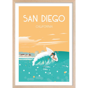 Affiche ville voyage San Diego California Affiche + cadre en bois - Chêne