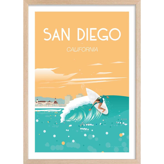 Affiche ville voyage San Diego California Affiche + cadre en bois - Chêne