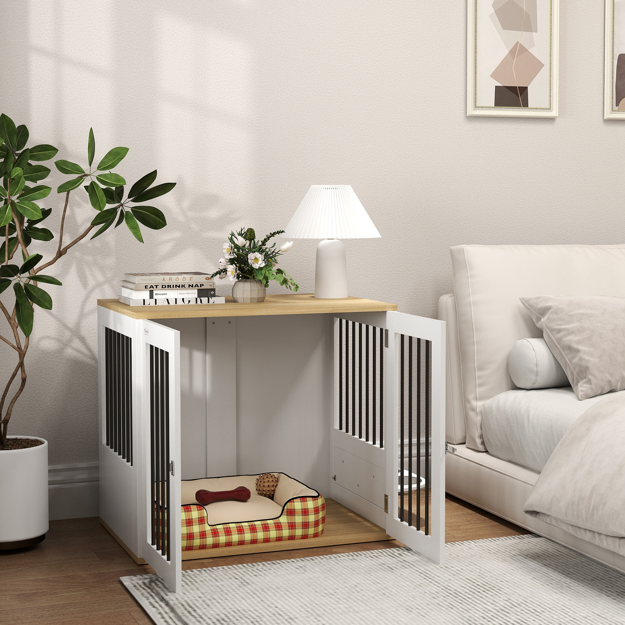Cage pour chien en bois - 2 portes verrouillables, 2 gamelles rotatives  - 80 x 55 x 71 cm - blanc effet bois clair