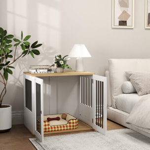 Cage pour chien en bois - 2 portes verrouillables, 2 gamelles rotatives  - 80 x 55 x 71 cm - blanc effet bois clair