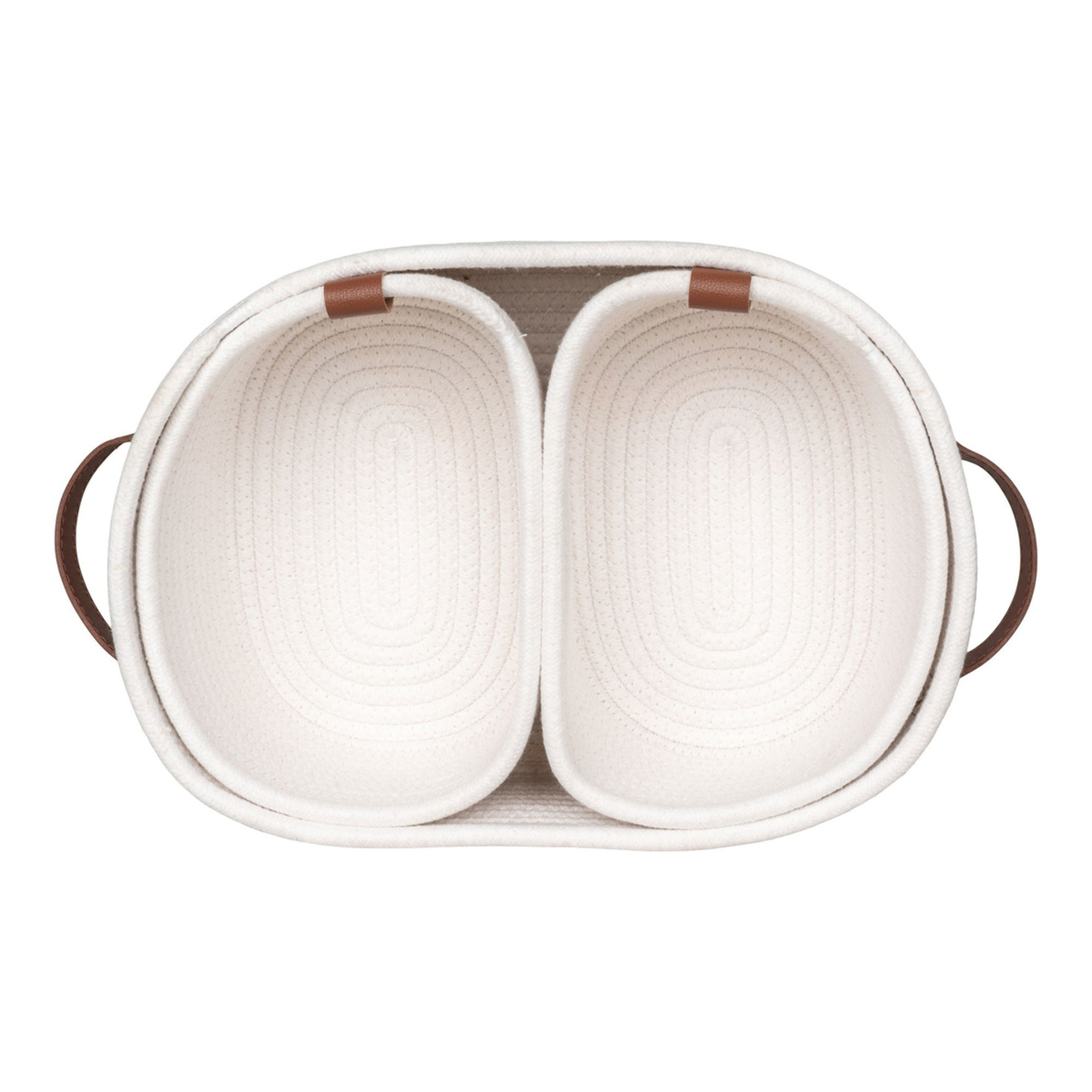 Set 3 cestini Jarana in cotone bianco con manici in cuoio