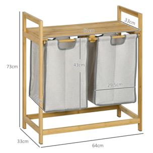 Cesto para Ropa Sucia de Bambú Cesto de la Ropa Sucia con 2 Bolsas Extraíbles y Estante Carga 20kg 2x40,6L para Baño Dormitorio 64x33x73 cm Natural