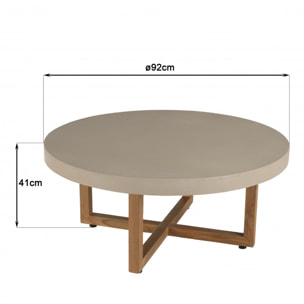 ERIS - Table basse ronde 92x92cm en béton beige pieds croisés en teck