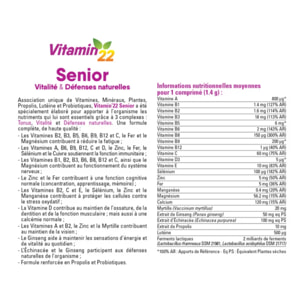 VITAMN' 22 - Senior - Soutient le capital osseux & le Confort Visuel - Vitalité, Tonus & Défenses Naturelles - Zinc, Fer, Propolis, Magnésium, Vitamines C, B et D3, Probiotiques, Lutéine, Ginseng & Échinacée - Cure 30j