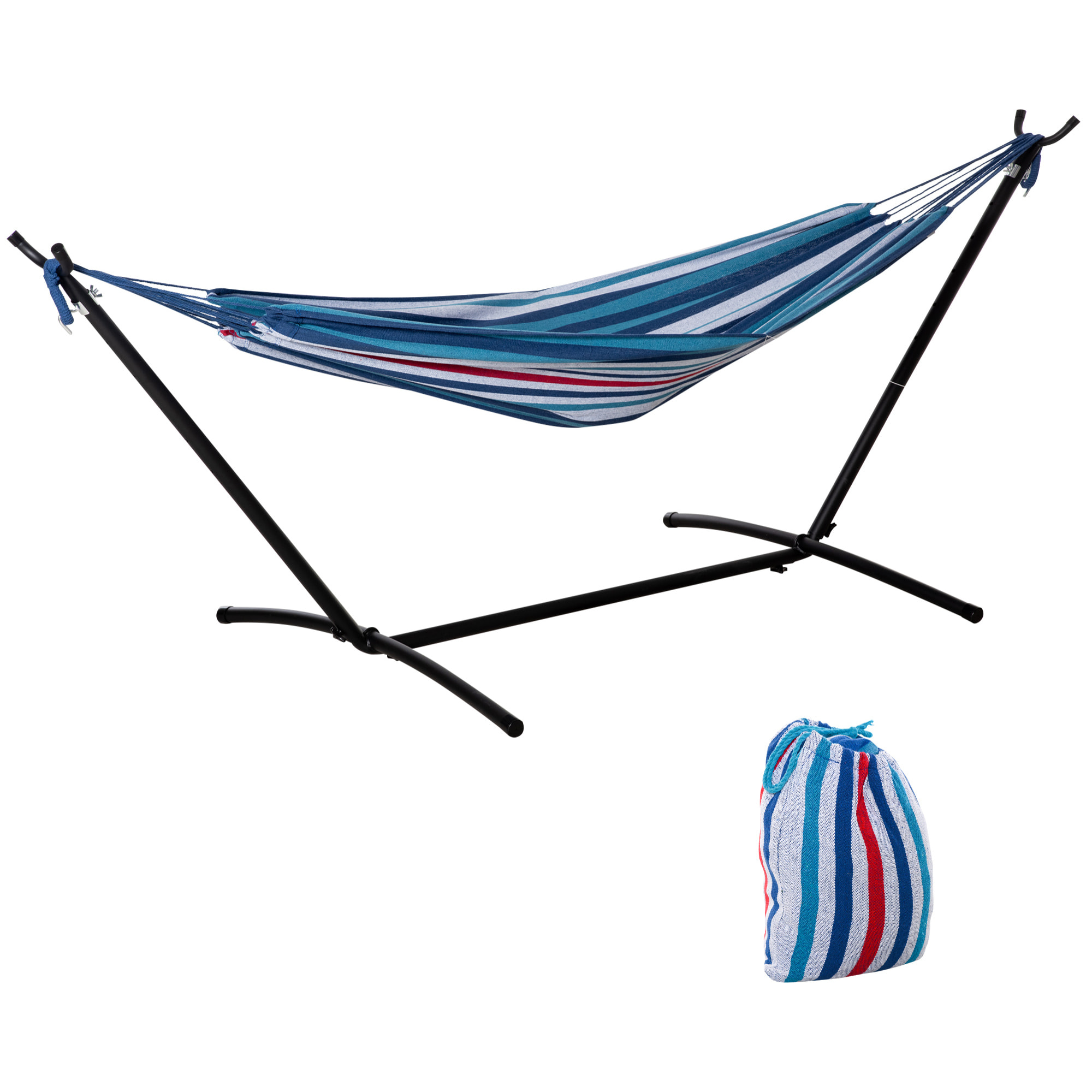 Hamaca con Soporte 310x117 cm Hamaca de Camping con Bolsa de Transporte Portátil Altura Ajustable Carga 120 kg para Patio Terraza Rayas Azul y Blanco
