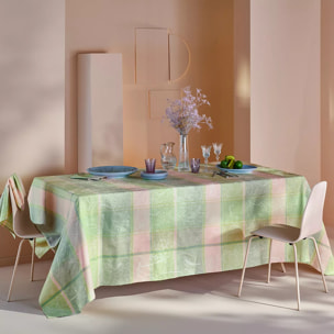 Nappe pur coton enduit motif jacquard rose vert Mille printemps eclosion