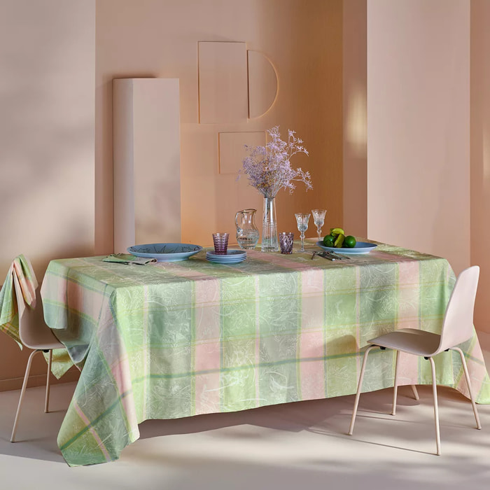 Nappe pur coton enduit motif jacquard rose vert Mille printemps eclosion