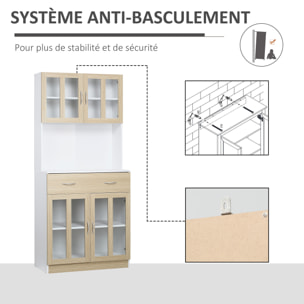 Buffet haut multi-rangement 4 portes vitrine verre avec étagère tiroir coulissant grand plateau panneaux particules blanc aspect chêne clair