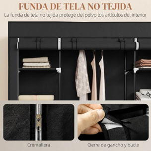 HOMCOM Armario de Tela, Armario Ropero con Barra para Colgar, 10 Estantes Abiertos, Cremallera, Cubierta y Marco Acero, Fácil Montaje para Dormitorio, Espacio Pequeño, Vestidor, 150x43x162,5 cm, Negro