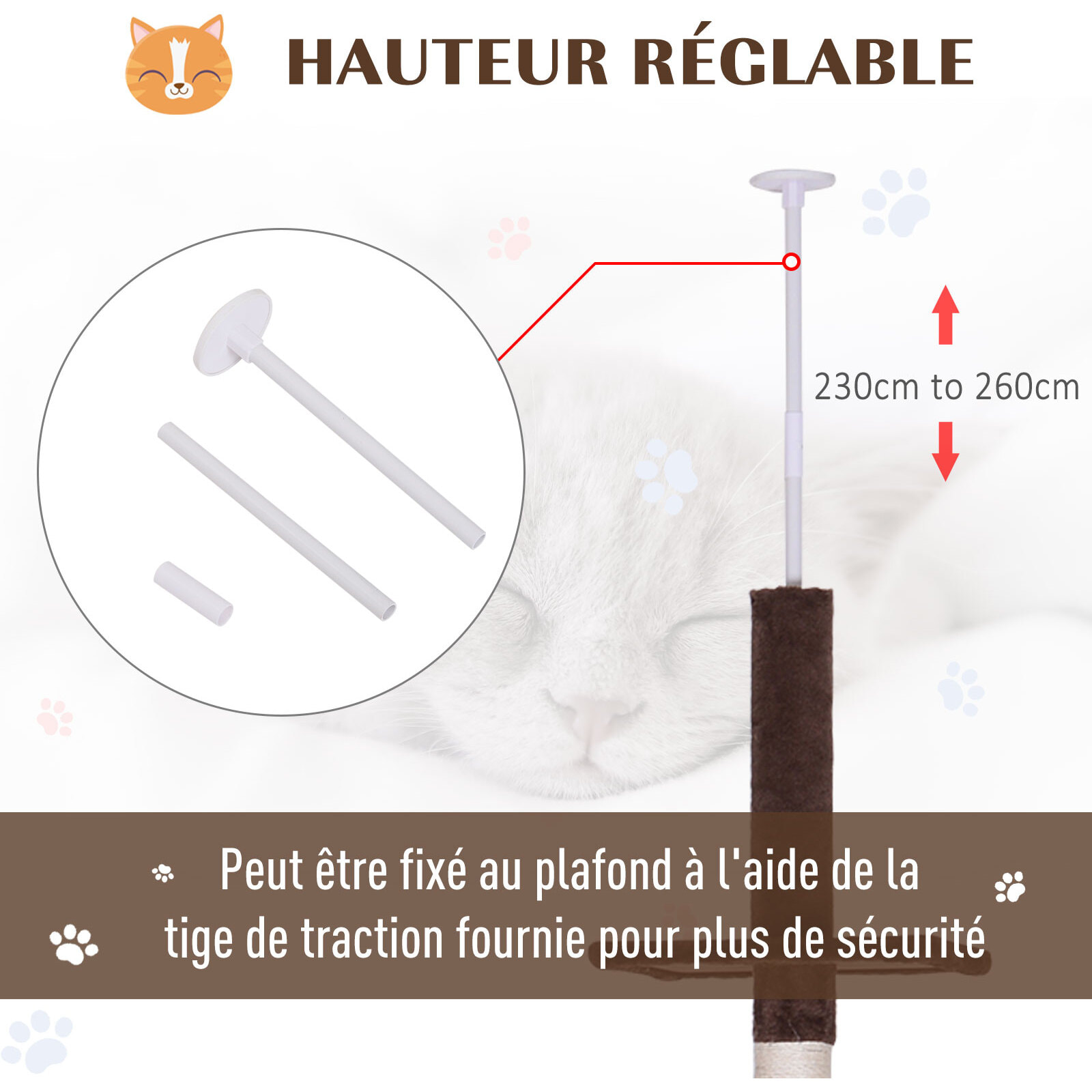 Arbre à chat poteau à griffer L40 x l 34 x H 230-260 cm 5 niveaux d'activités marron